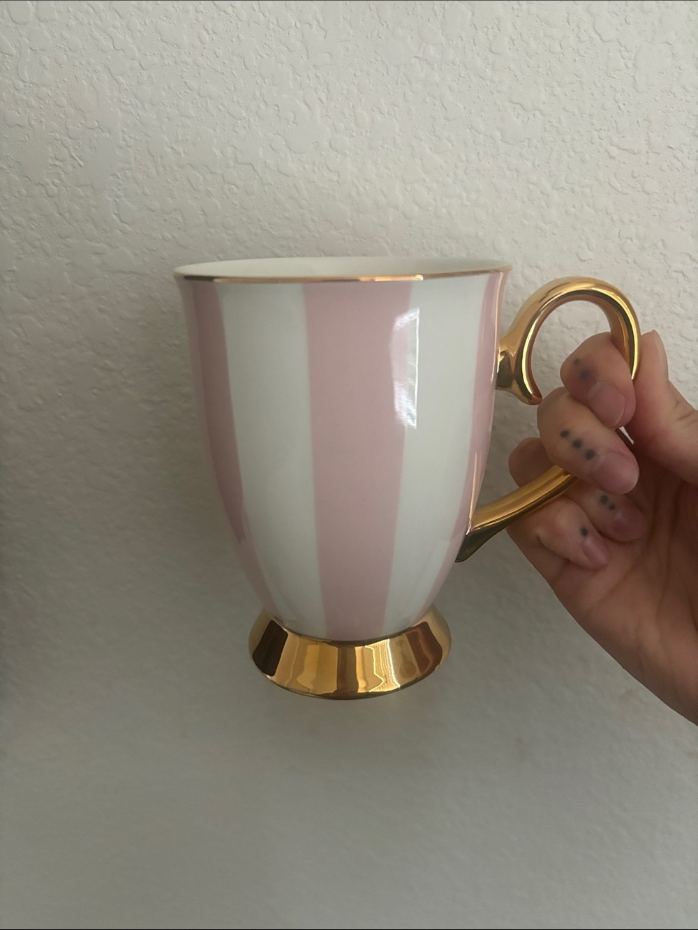 Blush Pink and White Striped Gold-Handle New Bone China (vegan) Mug